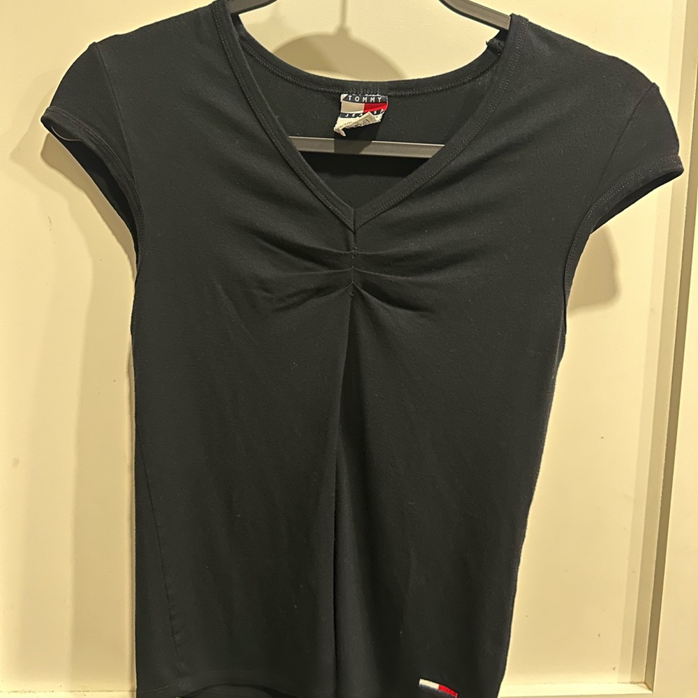 Vintage Tommy Hilfiger Black V-Neck Ruched Cap-Sleeve Top